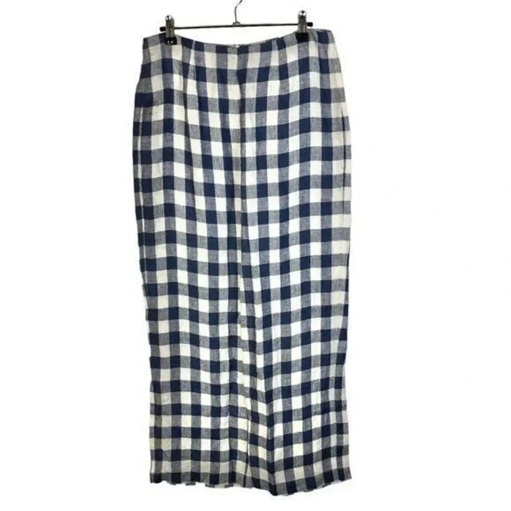 Reformation Blue & White Checkered Plaid Linen Wide Leg Pants 8
